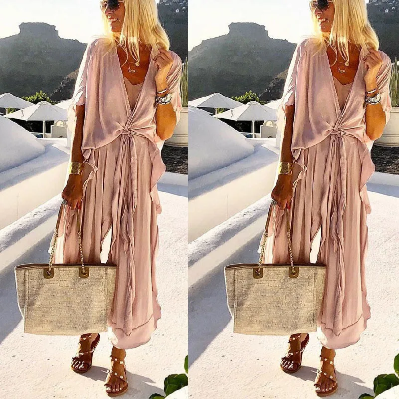 

Casual Fashion Short Sleeve V Neck Drawstring Waist Vacation Long Dress Y2K Clothes Summer Women Loose Bohemian Dress