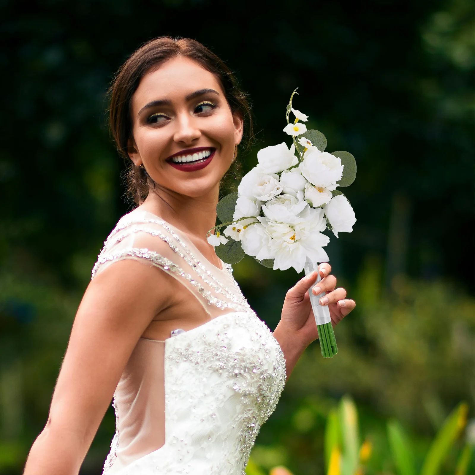 

Wedding Bouquet For Bride White Peony Rose Artificial Flower Arrangement Elegant Faux Flowers Bridal Ceremony Decoration