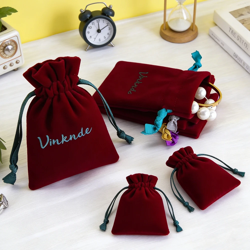 

8*10cm Custom Logo Burgundy Durable Velvet Drawstring Pouch Jewelry Container Packaging Gift Candle Bag Cosmetic Jewellery Bags