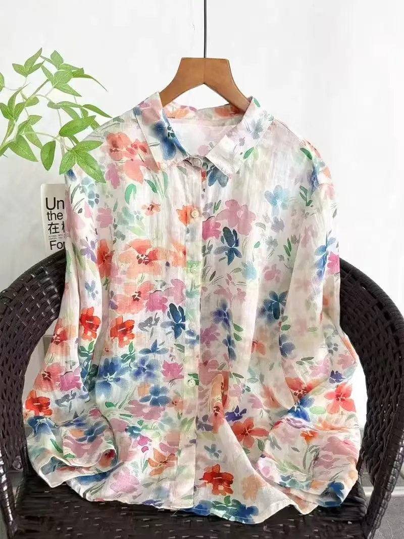 

100% ramie floral print shirts for women summer spring ramie linen long sleeve blouses original luxury brands clothing