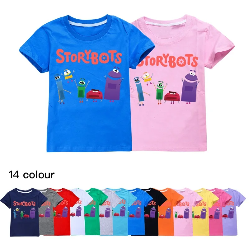 2-16 years New Storybots Print T-shirt Girls Kawaii Kids Clothes Cute Storybots T-Shirt Children'S Clothing Summer Cotton Tops