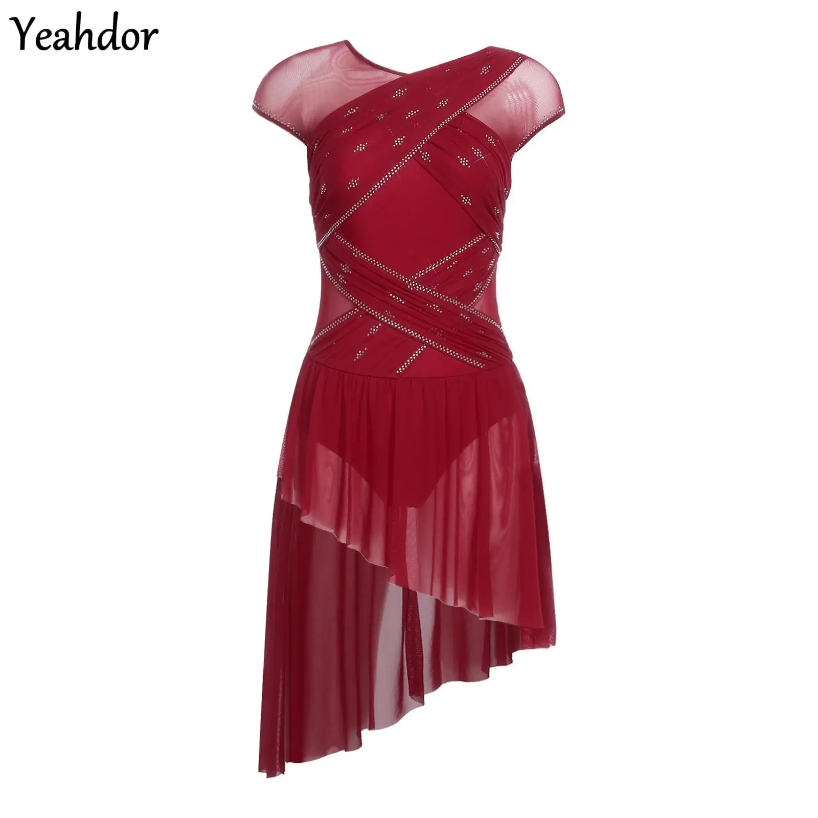 

Women Figure Skating Leotard Dress Mesh Irregular Hem Rhinestones Gymnastics Skating Ballet Lyrical Contemporary Dance Costume