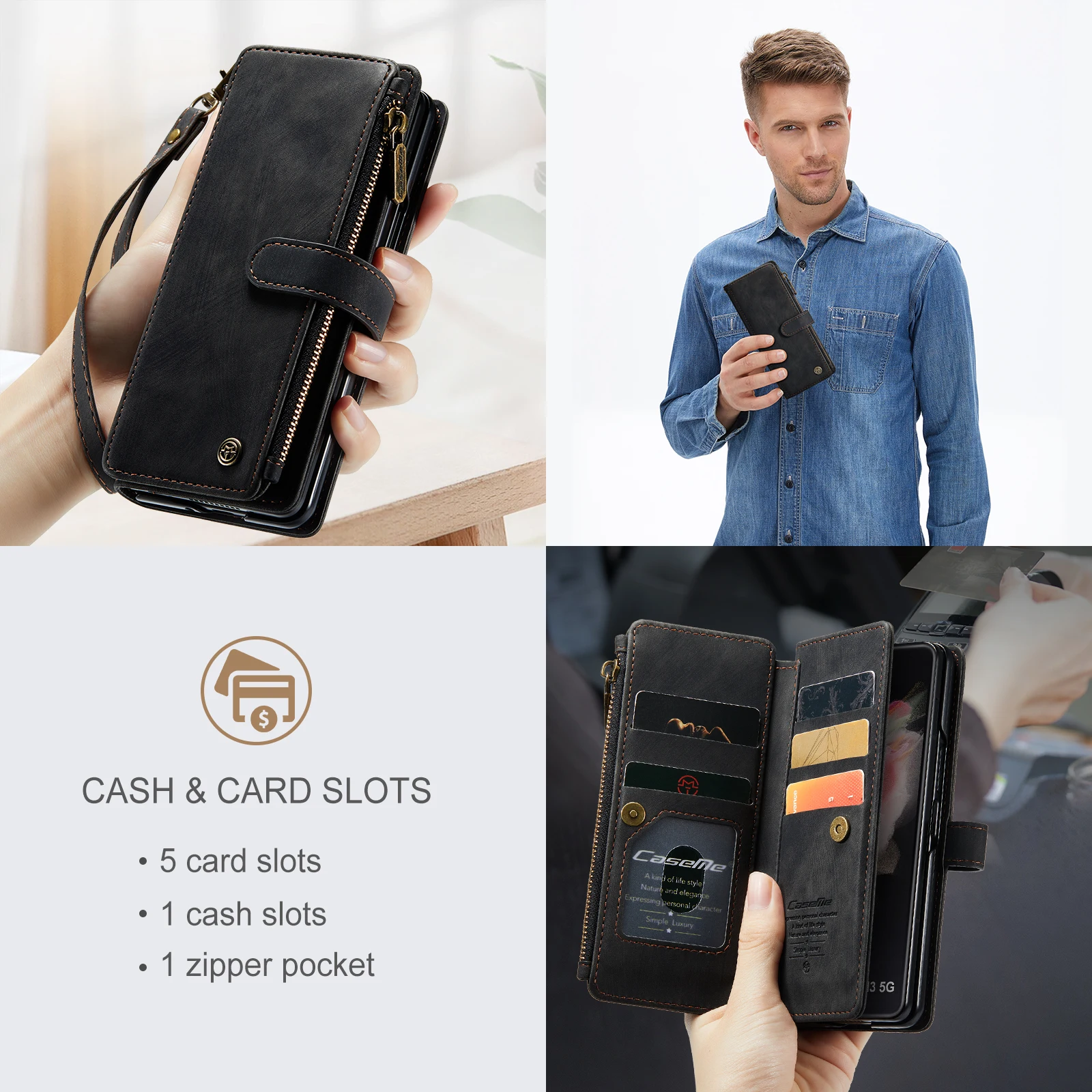for Samsung Galaxy Z Fold 3/4 Wallet Case,Durable PU Leather Magnetic Wallet Flip Lanyard Strap Wristlet Zipper Card Holder Case