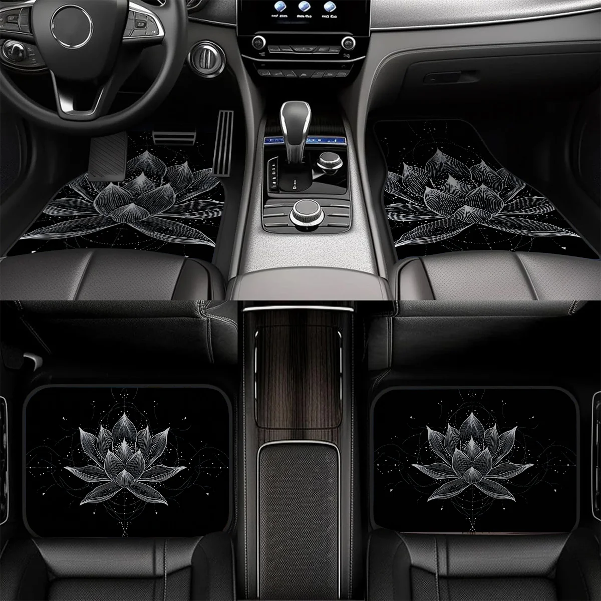 

4pcs Car Floor Mats - Black And White For Lotus Pattern, Suitable For Sedans, Trucks, SUVs - Easy To Clean Interior Accessories