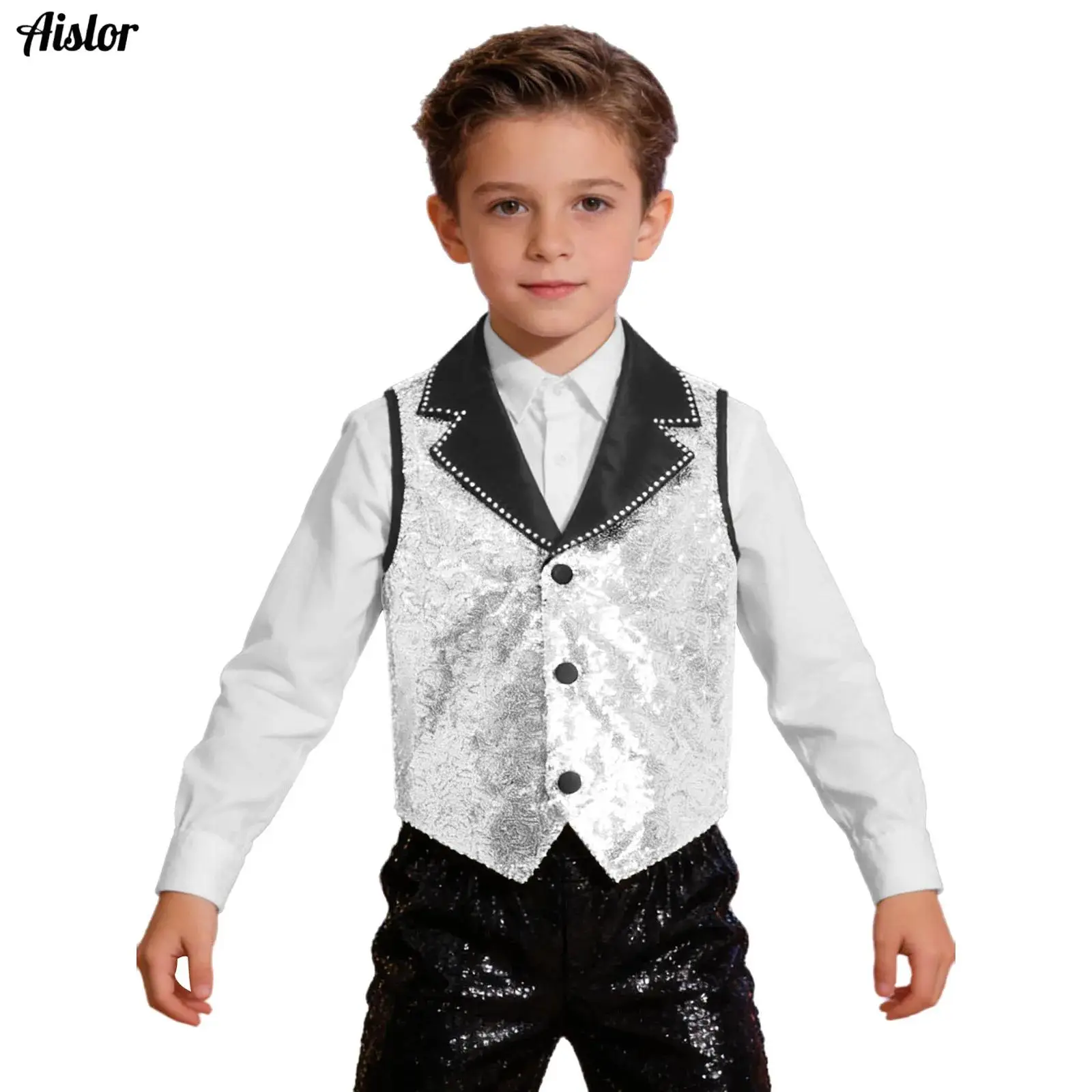 

Boys Girls Glittery Sequin Waistcoat Kids Lapel Collar Asymmetrical Tank Top Formal Wedding Party Banquet Ball Stage Choir Vests