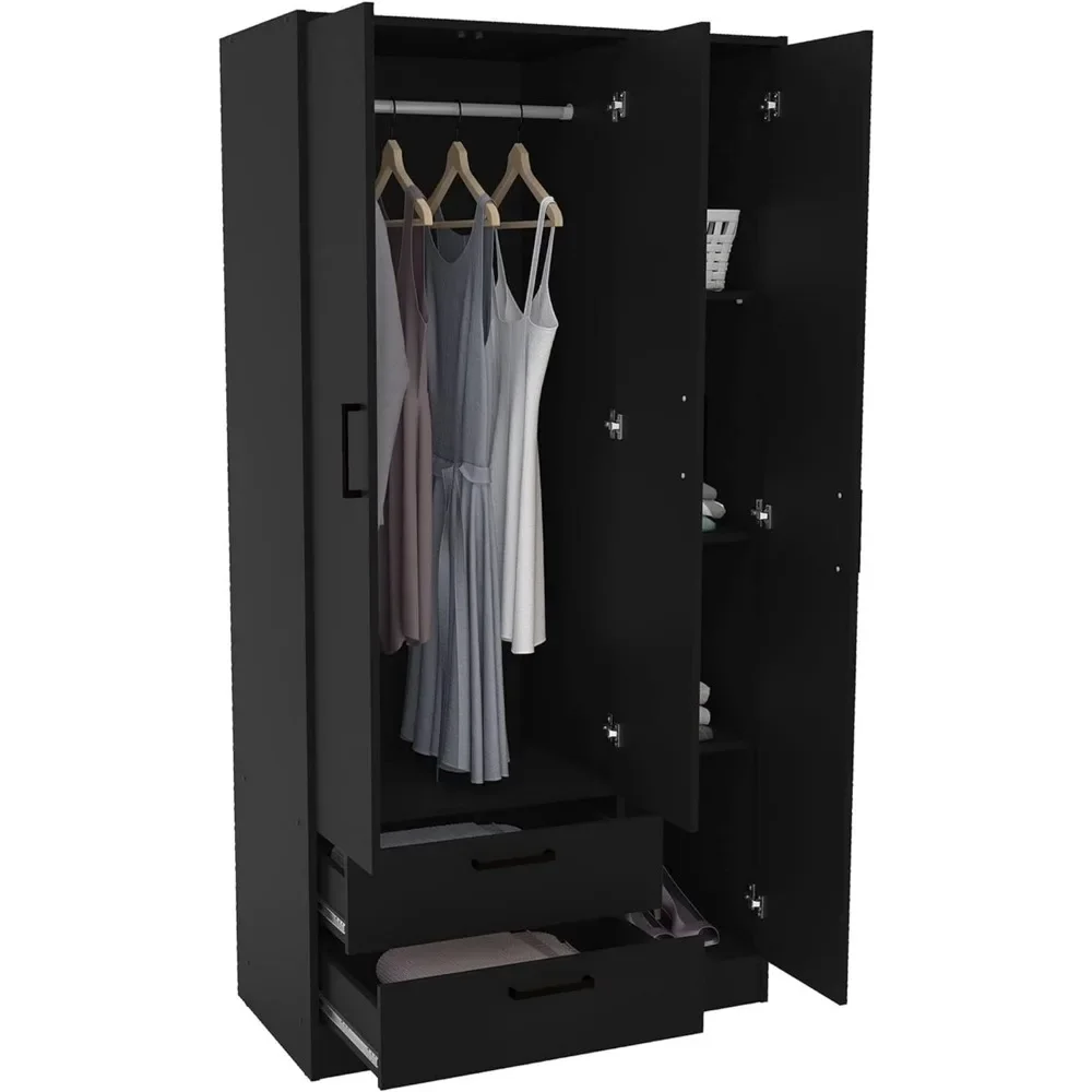 Armoire Wardrobes 3-Doors Wardrobe Wardrobe Bedroom Furniture 2-Drawers (Black) Cabinets CabinetClothing Cupboard Home