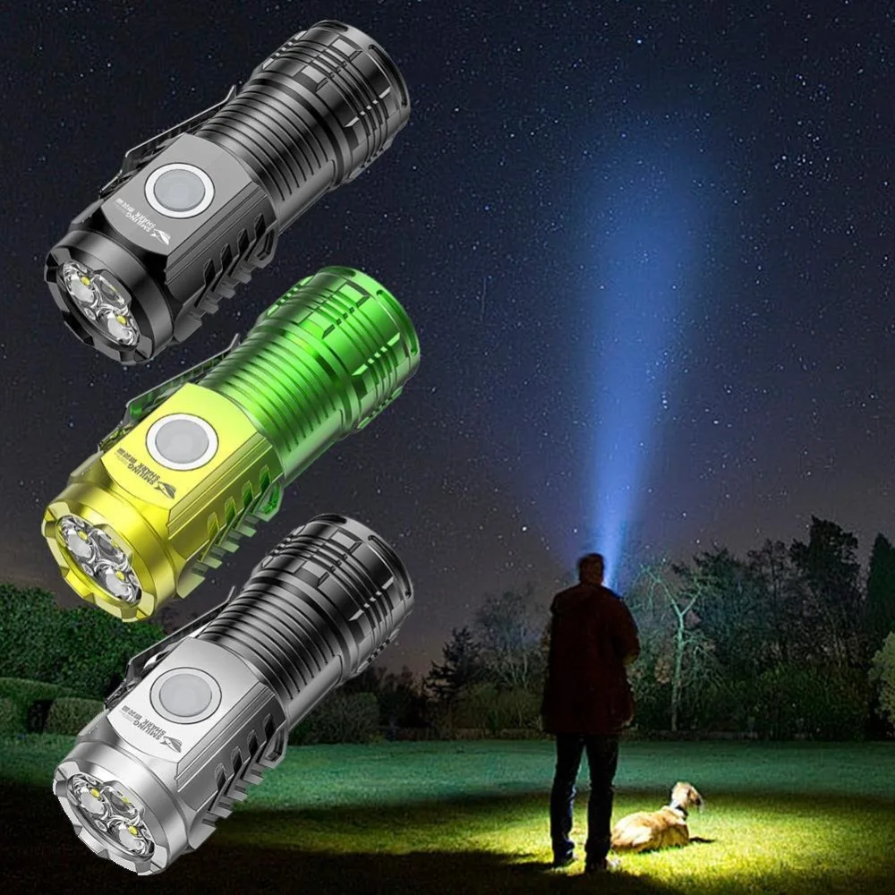 With Clip Three-Eyed Mini Flashlight Mini Portable Flash Super Power Flashlight Multi-Uses Rechargeable Emergency Flashlights
