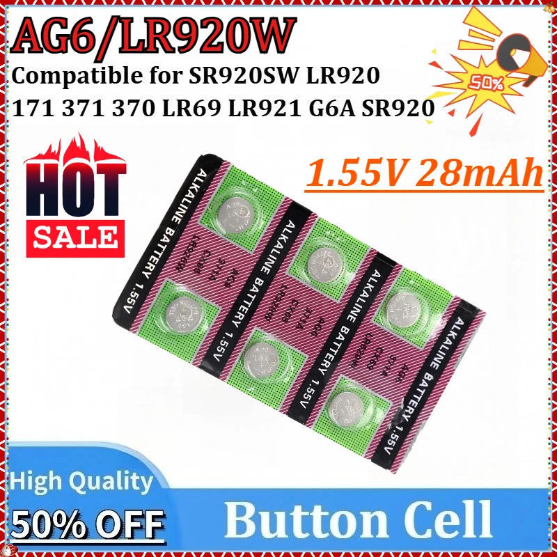 

1.55V 28mAh AG6 LR920 171 371 370 G6A SR920 LR69 LR921 Button Battery for Watch Toys Remote SR920SW Cell Coin Alkaline Battery