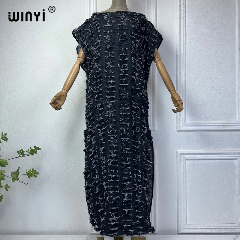 WINYI Original denim sexy long dress with holes New Fashion Africa Womens party holiday Casual Short Sleeve Maxi beach dress