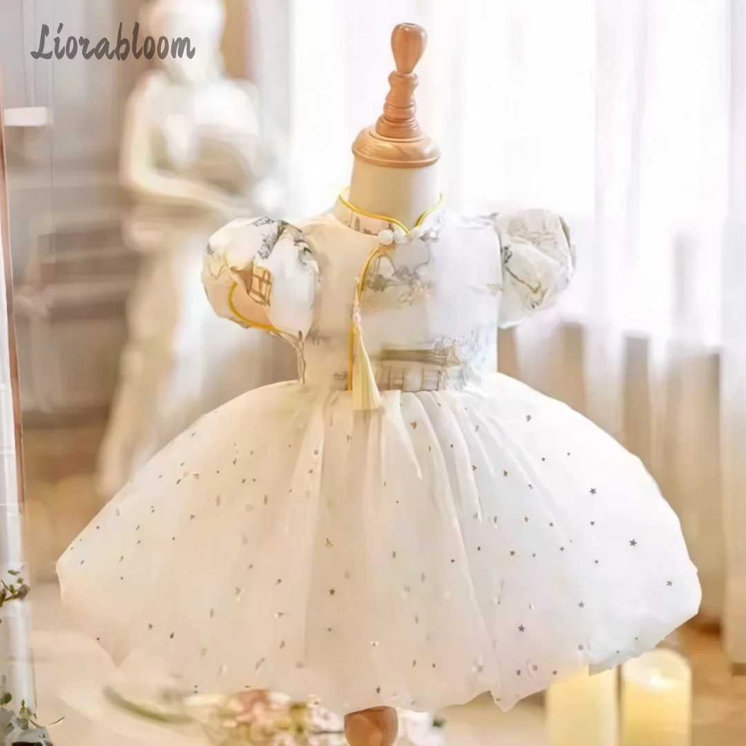 Girls' Chinese-Style Tulle Dress Sequin Embellished Hem Flower Girl Gown Formal Party Dress Princess Style Short Dress