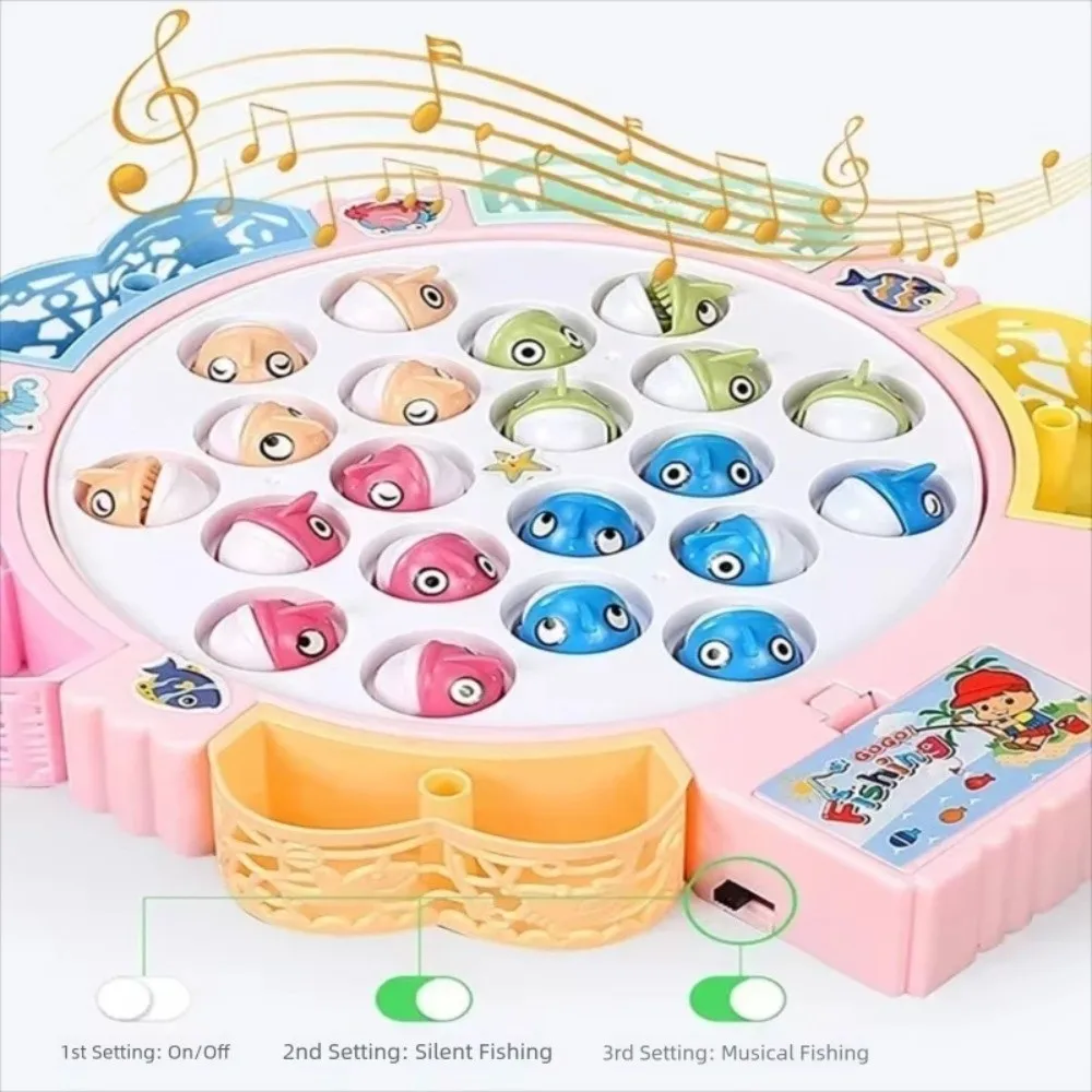 Kreatives Kunststoff-Angelspielzeug, blau, rosa, 15 Fische, 4 Ruten, Angelscheibe, magnetischer elektrischer Spin mit Musikspielzeug, Geschenk