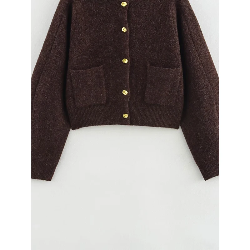 YENKYE 2025 Women Single Breasted Knit Cardigan Long Sleeve O Neck With Pockets Spring Jacket  Female Elegant Brown Coat
