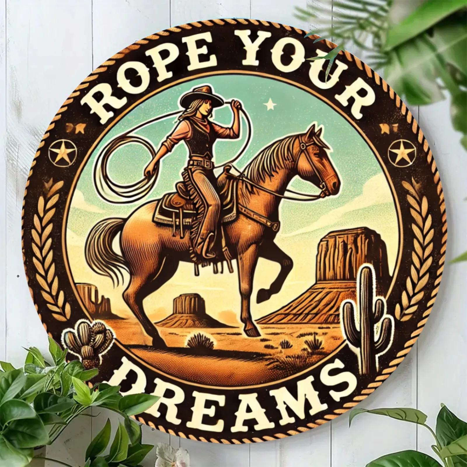 Guard Your Dreams" Arte de pared de aluminio redondo de 7,8x7,8" de inspiración occidental - Letrero de metal duradero para decoración de cocina, dormitorio, bar - Uniq