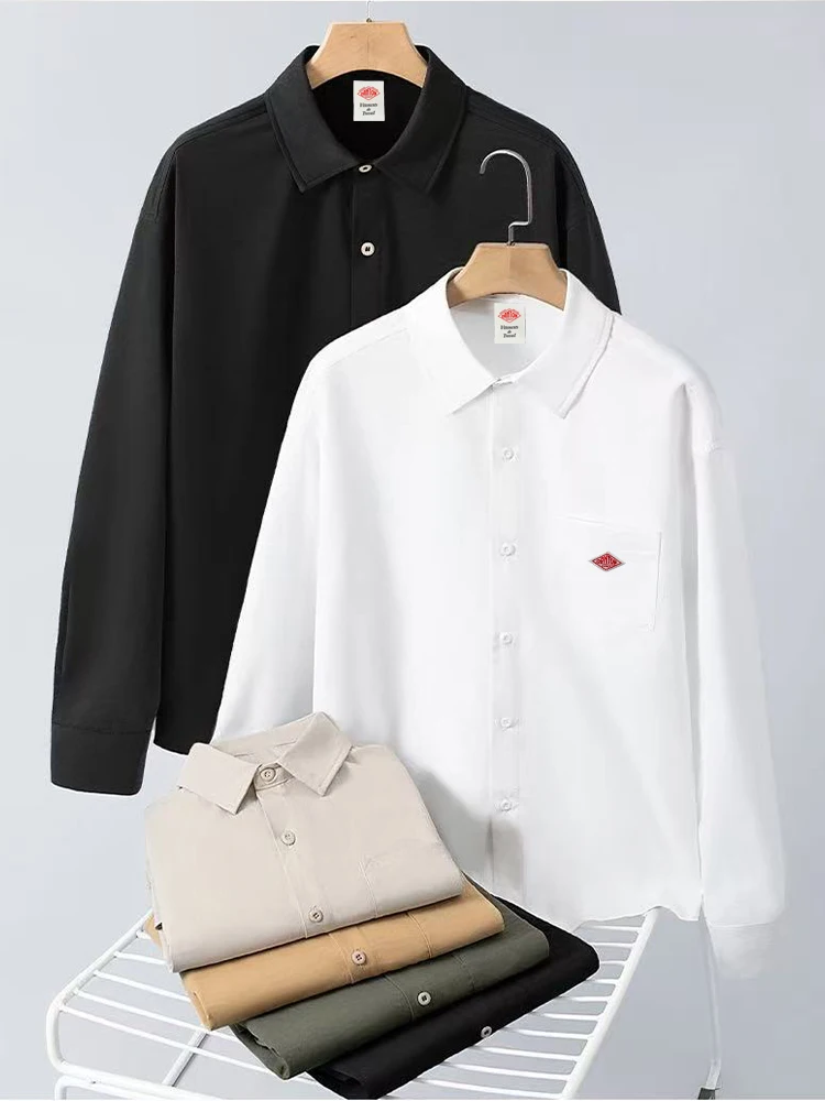Spring Summer Men's Casual Ice Silk Button Long Sleeve Shirt with Pocket Embroidery Comfortable Breathable Korean Fashion Tops