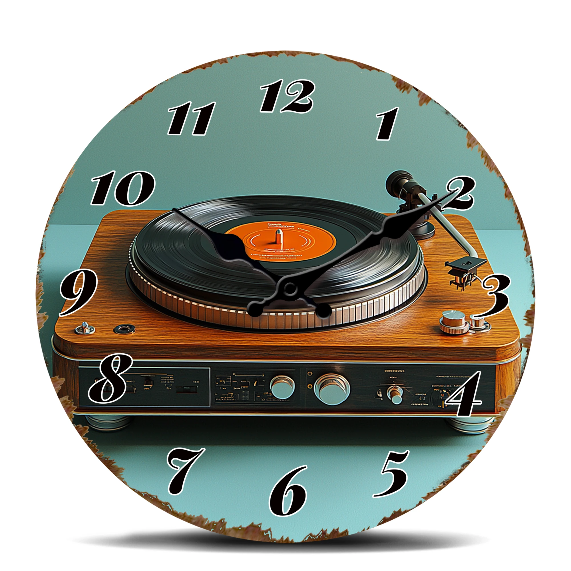 Vintage Turntable Wall Clock, Retro Music Style Round Timepiece, Wooden Record Player with Orange Label Decorative Clock for Hip