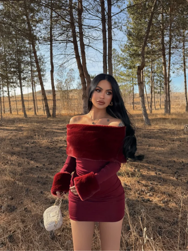 فستان قصير أنيق بكتف واحد مُزين بقطع الفراء بلون واحد للنساء فساتين بخصر كامل وأكمام طويلة للسيدات للحفلات المسائية #2