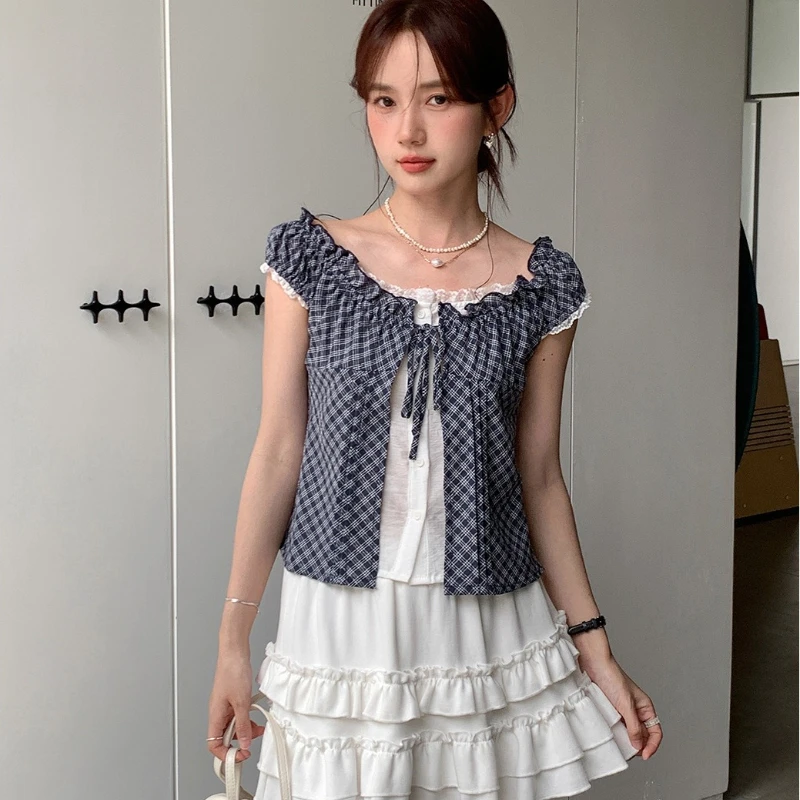 

2026 Summer Small Fresh Vacation Two piece Lace up One Word Collar Lace Short T-shirt Top for Women