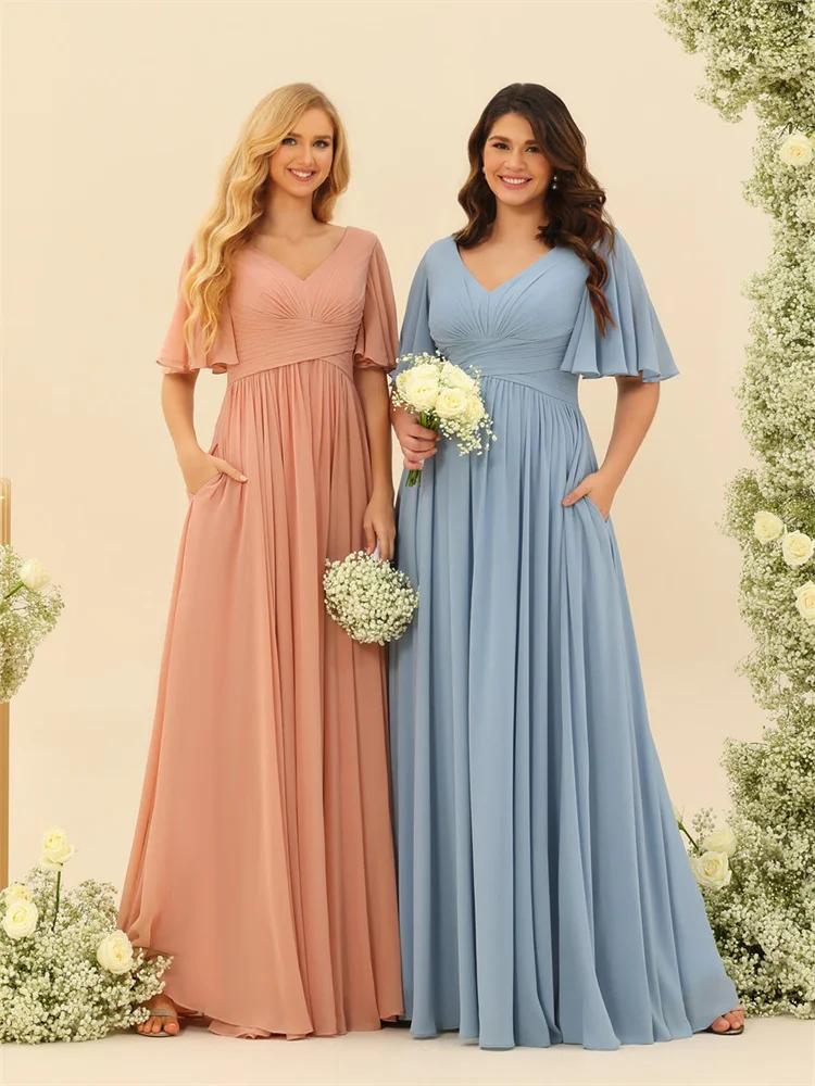 New Product V Neckline Half Sleeves A-Line Chiffon Bridesmaid Dress Elegant Open Lace Up Back Side Slit Gown For Wedding Guest