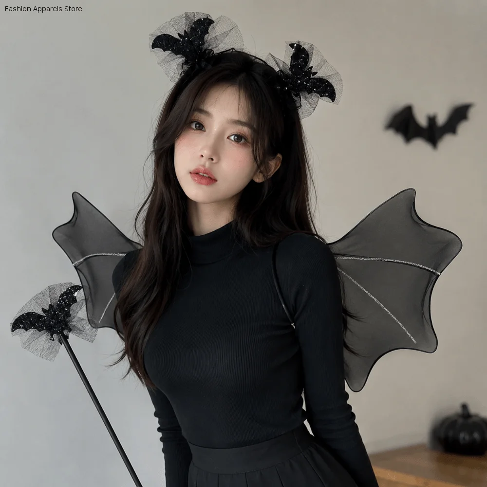 Spider Web Children Costume Set Bat Wing Headband Magic Wand Cosplay Outfit Lightweight Breathable Halloween Kids Skirt