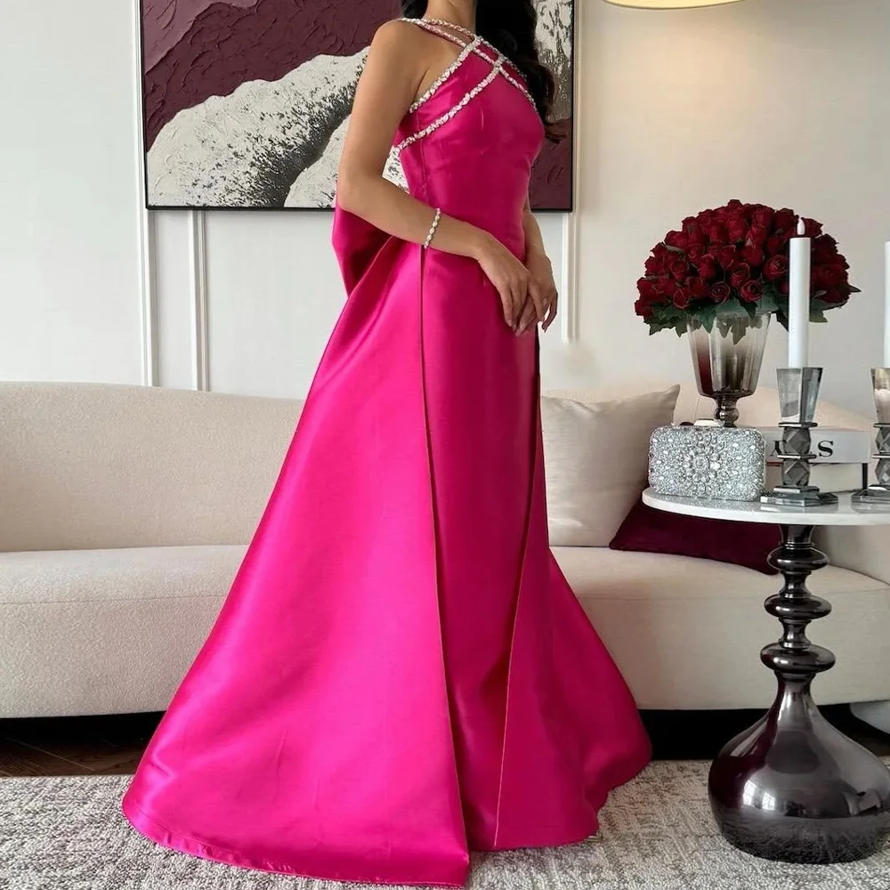 Temperament Halter Pleats Crystal Bow Panel Train Evening Dresses Graceful A-Line Satin Party Gowns فساتين سهره نسائيه فخمة