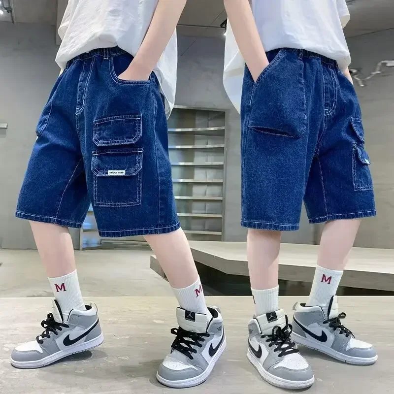 

Denim Shorts Summer Vintage Washed Pants Loose Elastic Waist Cropped Pants Children'S Clothing Boys Clothes 6yrs To 12yrs