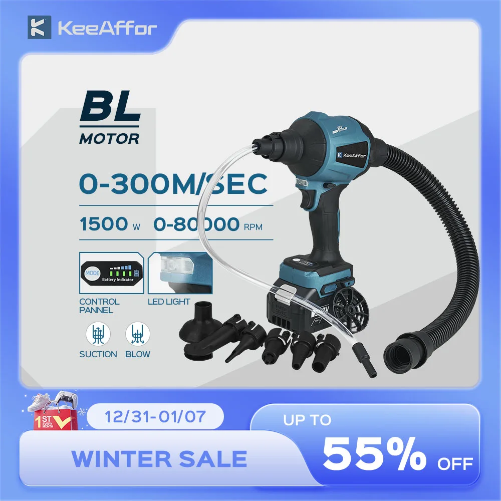 EllEAFFOR-Souffleur de poussière sans balais sans fil, gonfleur multifonction, souffleur de poussière sous vide, batterie Makita 18V, 1500W, 80000