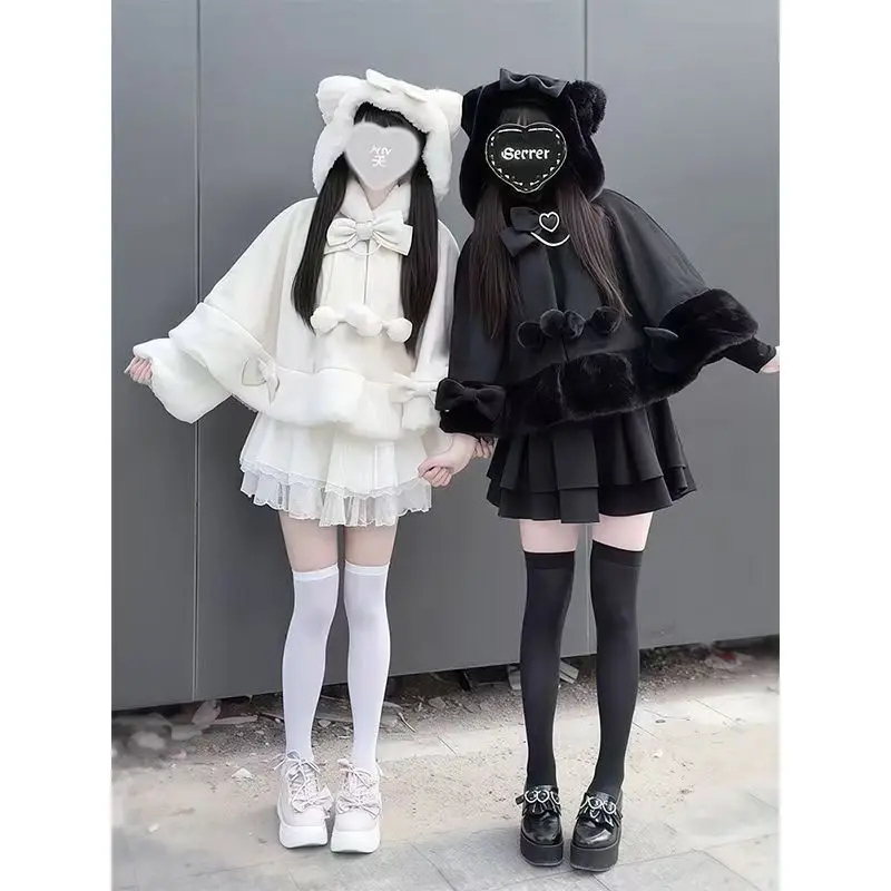 2025 عيد الميلاد الشتاء عباءة معطف المرأة تصميم القوس لوليتا مقنعين المرقعة Kawaii كوب معطف الإناث الدافئة كيب الحلو جاكيتات #5