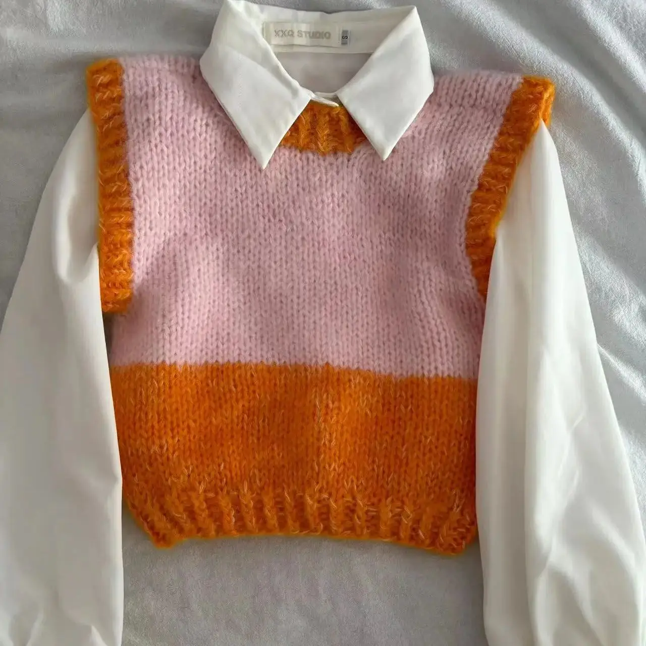 Chaleco sin mangas tejido a mano para mujer, chaleco pequeño corto, lindo y versátil, cuello redondo, rosa y naranja