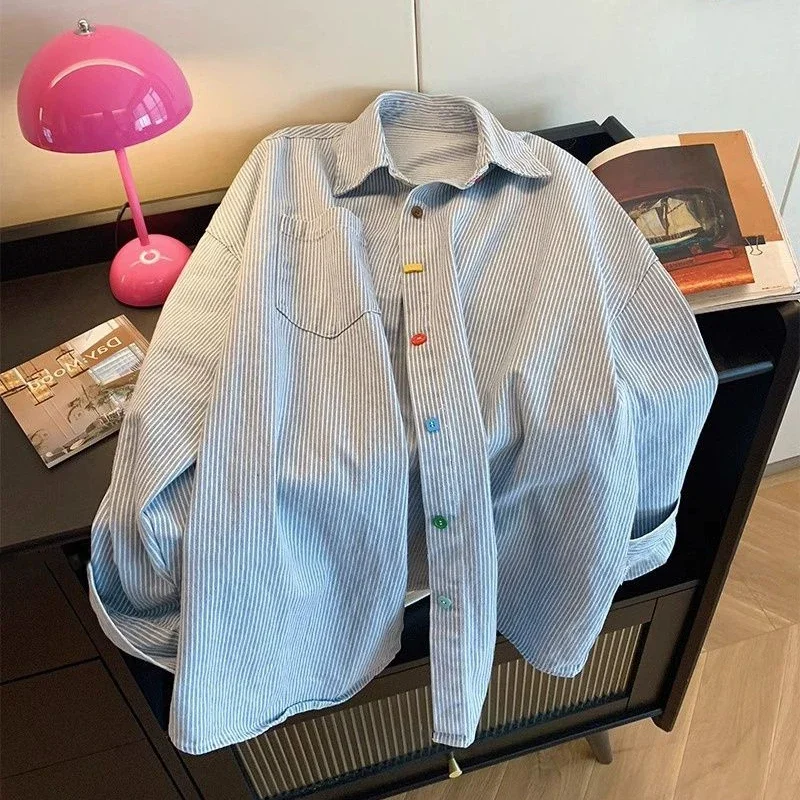 Vintage Striped Shirts Women Sweet Preppy Style Oversize Blouse Korean Fashion Chic Cute Button Turn Down Collar Long Sleeve Top