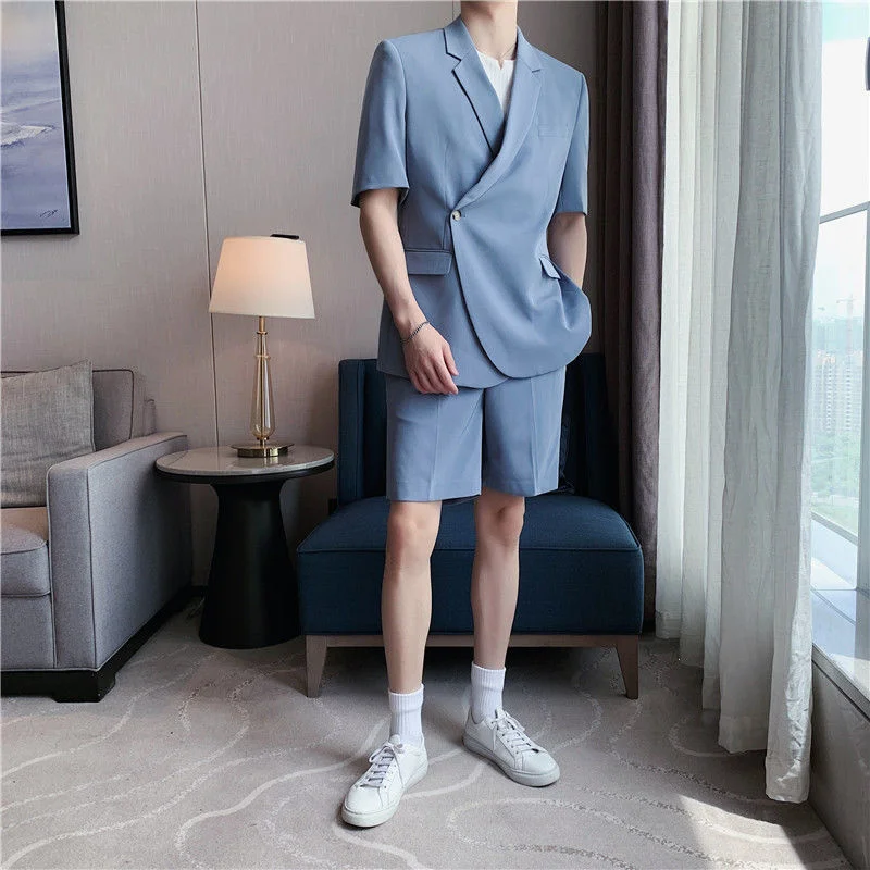 Latest Coat Pant Designs Casual Men's Shorts Sets Summer Thin Korean Slim Trend Handsome Short Sleeved Suit Jacket Blazer Japan