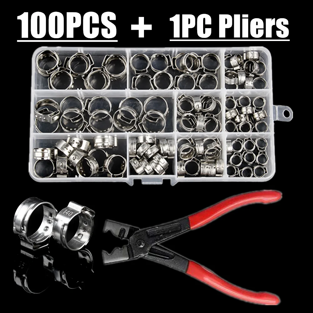 100pcs Stainless Steel 304 Single Ear Hoop Combination + Vise Clamp Rings Crimp Pinch Set Pliers Wood Working Clamps Boxed