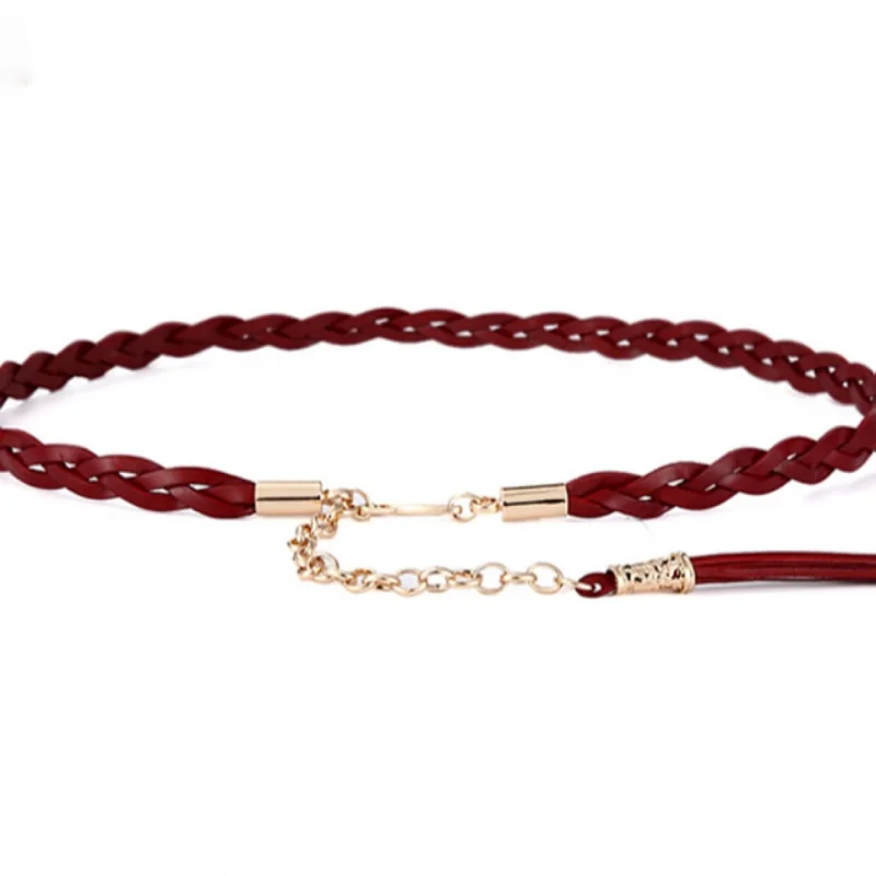 Western Cowhide Leather Braided Thin Women Leather Waistband Belt Fashion Decoration Skinny Dress Belt for Ladies