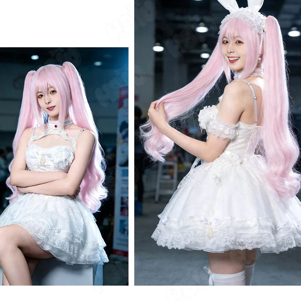 Alice Cosplay Clothing Wig Fiber Synthetic Wig「HSIU」White Dress Full Outfit Pink Long Wig Game NIKKE Cosplay Clothing Wig