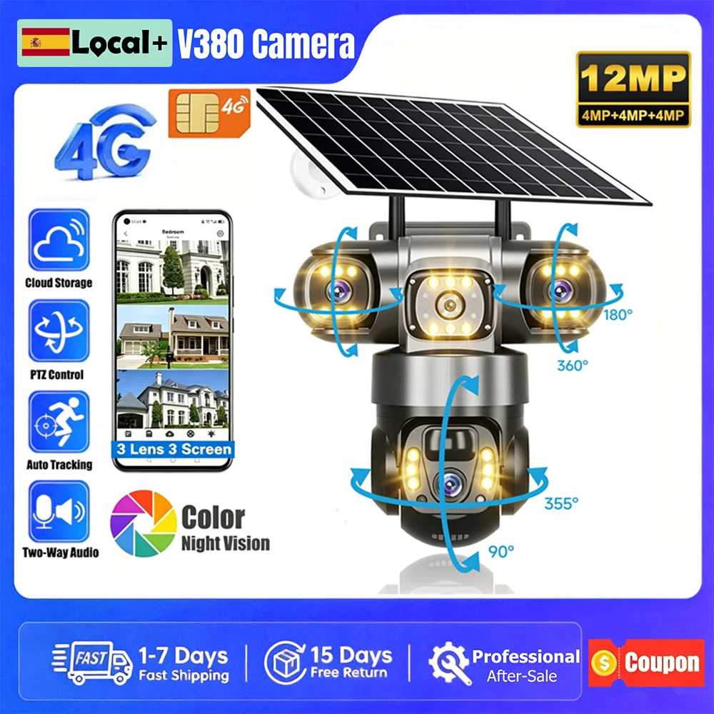 Caméra solaire 4G avec carte SIM, extérieure, 3 objectifs, 3 écrans, détection humaine PIR, zoom 10X, étanche, vision nocturne, sécurité CCTV