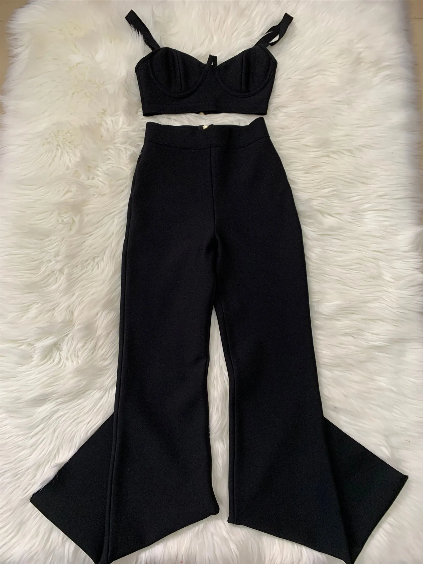 Conjunto de 2 piezas de venta de fábrica, traje de vendaje para mujer, Top corto con corpiño y pantalones largos acampanados, trajes de fiesta para Club de calle alta