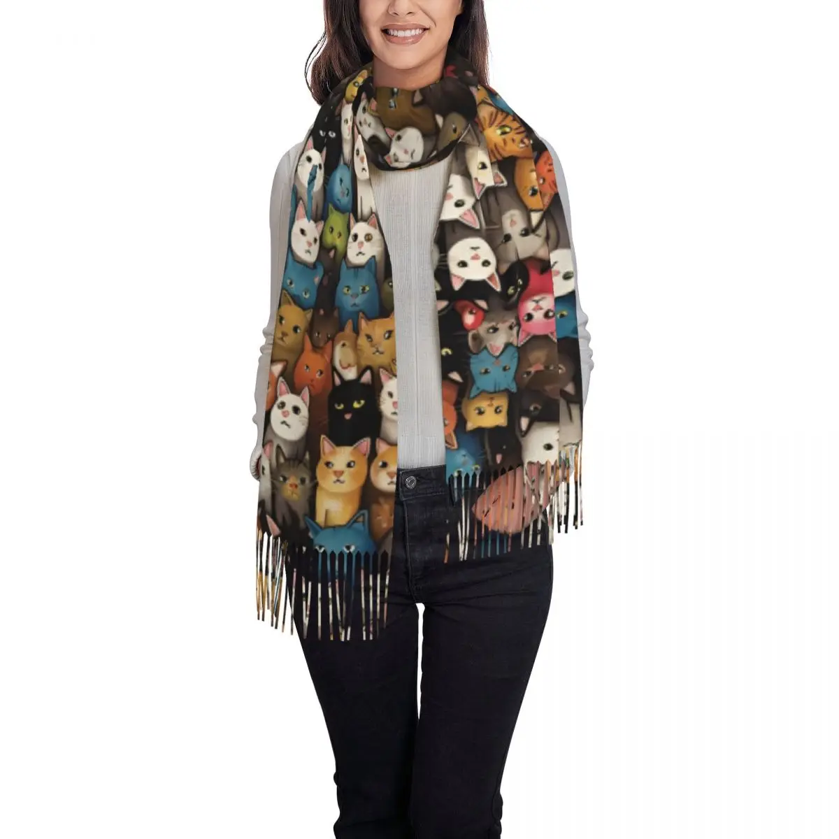 سيدة وشاح الدفء الكرتون القط رئيس الأوشحة مع شرابة شالات العلامة التجارية الفاخرة والتفاف الخريف مخصص DIY Bufanda بها بنفسك Bufanda