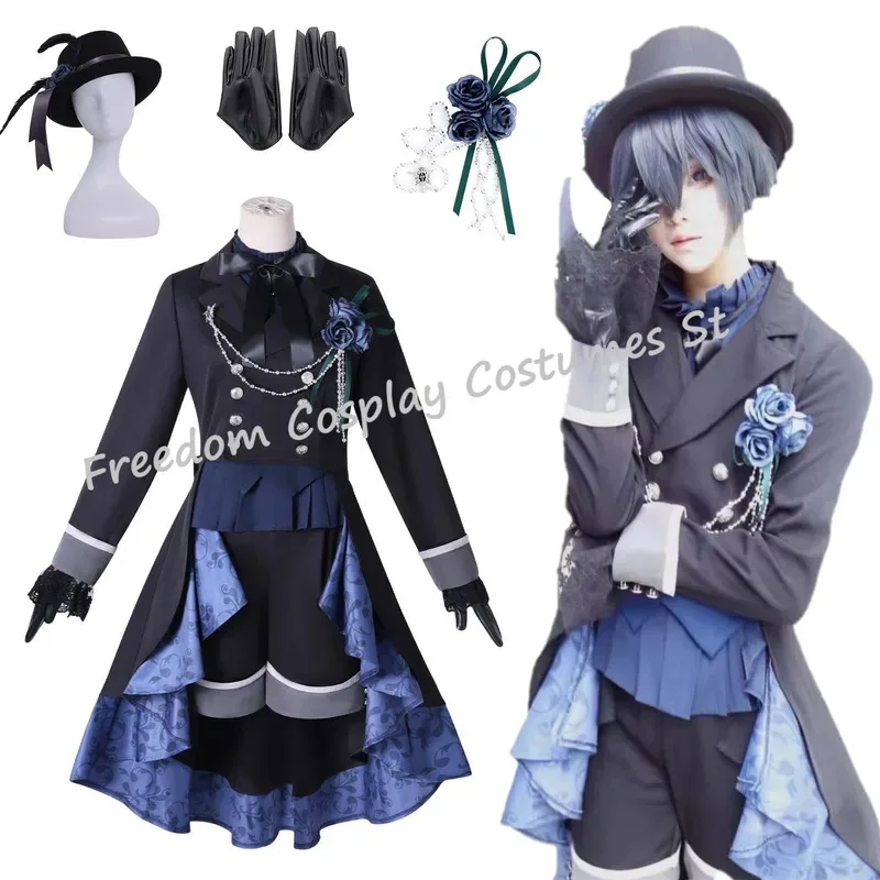 Tersedia Kostum Cosplay Anime Black Butler Ciel Phantomhive Butler Hitam Wig Ciel Phantomhive Mawar Hitam Setelan Pesta Halloween