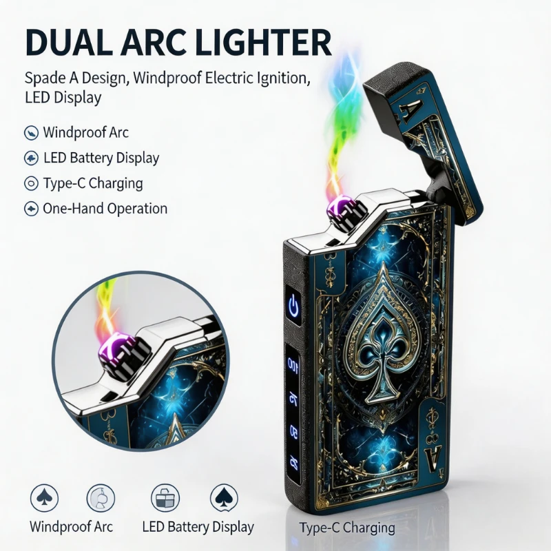 1‑Piece BlackJack Aces Double‑Arc Electronic Lighter, Windproof USB Rechargeable Design, Comes With Elegant Packaging