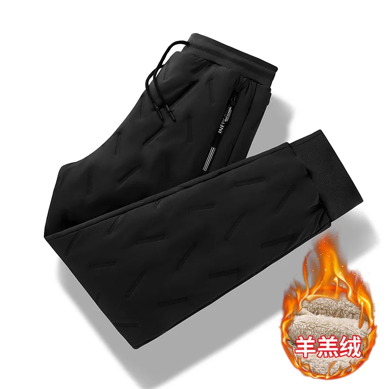 Autumn and winter thick zipper pocket warm cotton pants with fleece lining loose straight leg sports pants for men