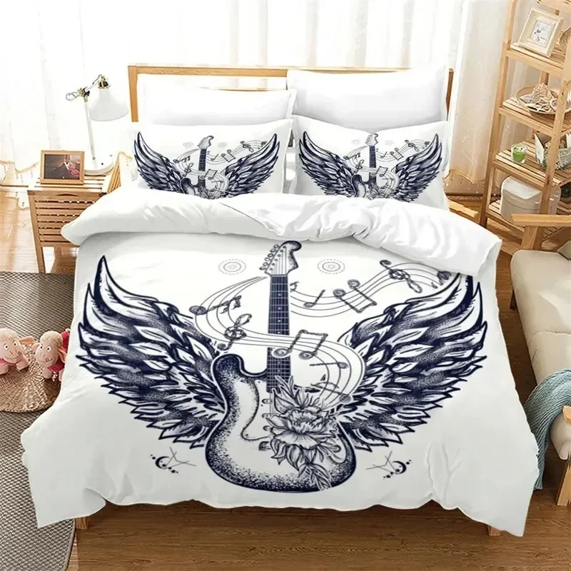 

Guitar Queen Duvet Cover Rock Music Theme Bedding Set Grunge Color Splashed Brick Wall Background Electronic Guitar Mics Design