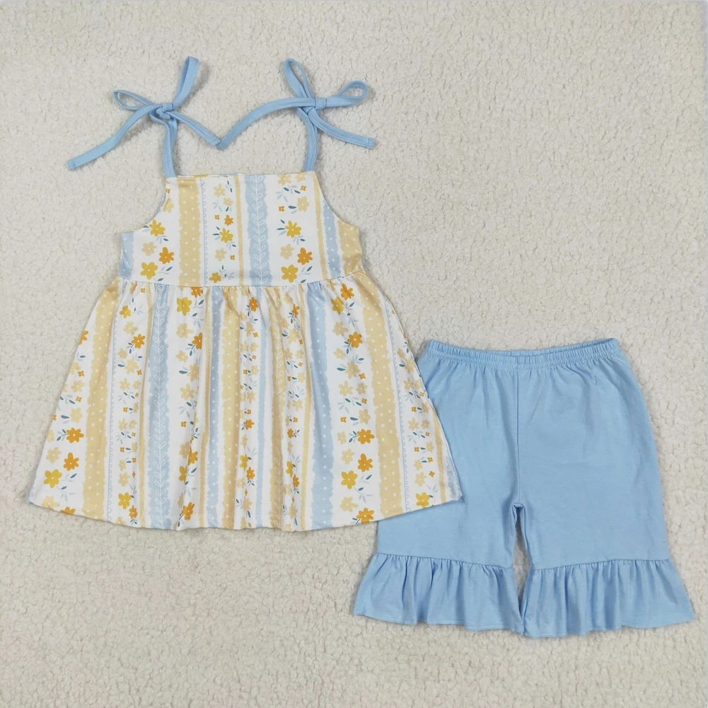 

Toddler Summer Baby girls outfits Blue Strap Yellow Floral Stripe Tunic Ruffle Children Boutique kids clothing sets