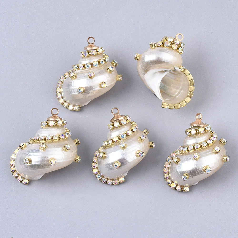 

10pc Natural Conch Shell Pendants with Brass Rhinestone Cup Chains and Iron Loops Floral White for DIY Jewelry Eardrop Necklace