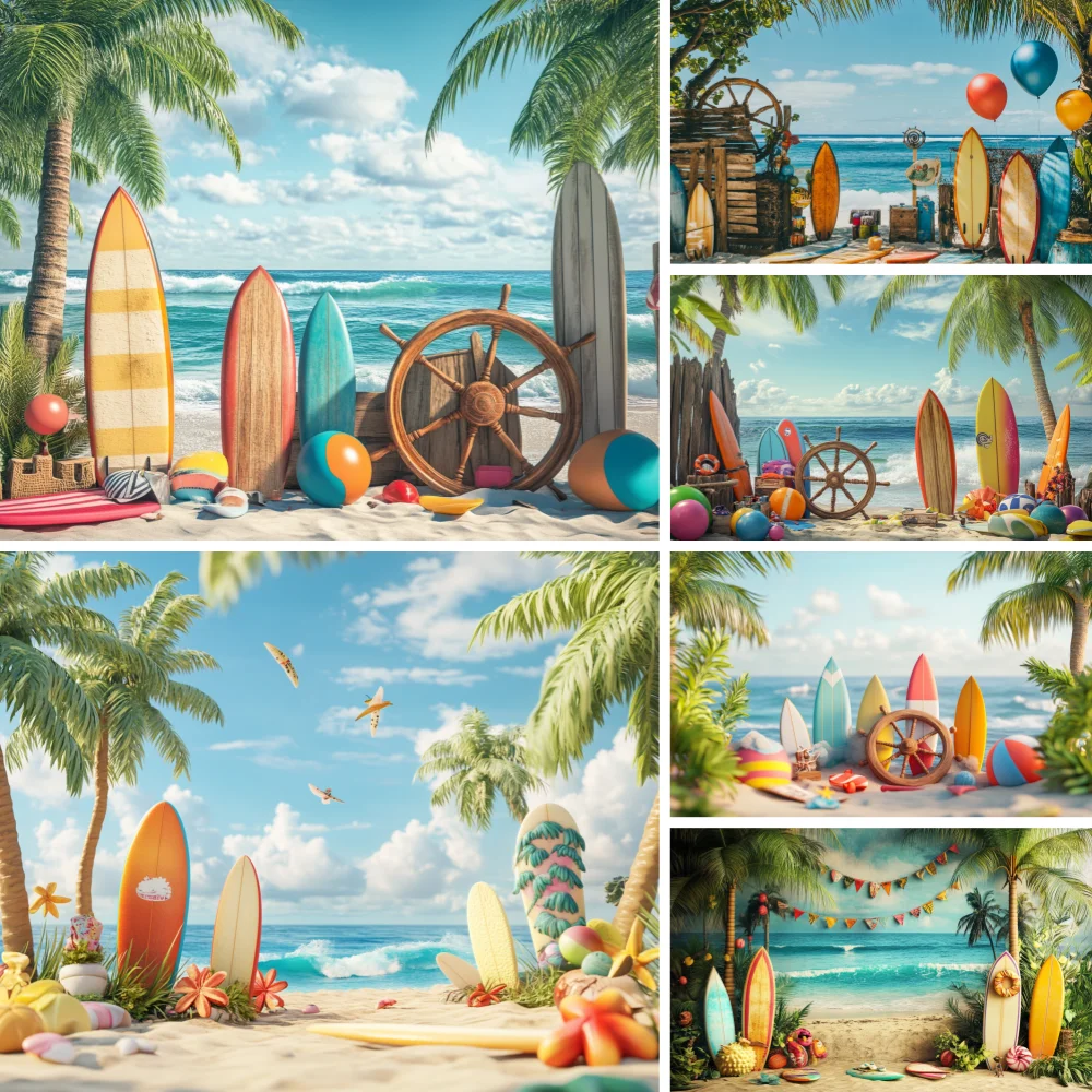 Summer Beach Hawaiian Photography Backdrop Sand Beach Palm Surfboard Beach Camping Party Decoration Background Photo Studio Prop