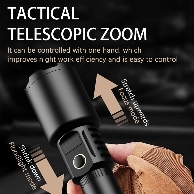 Strong Light Spotlight Hiking Flashlight 100,000 Lumens Telescopic Zoom Long-range TYPE-C Rechargeable Flashlight