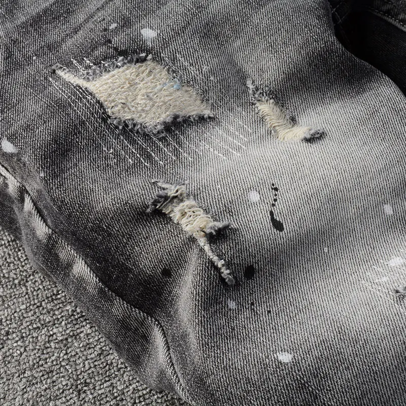 Newly Vintage Fashion Men Jeans High Quality Retro Black Gray Elastic Slim Fit Painted Ripped Jeans Patched Designer Denim Pants