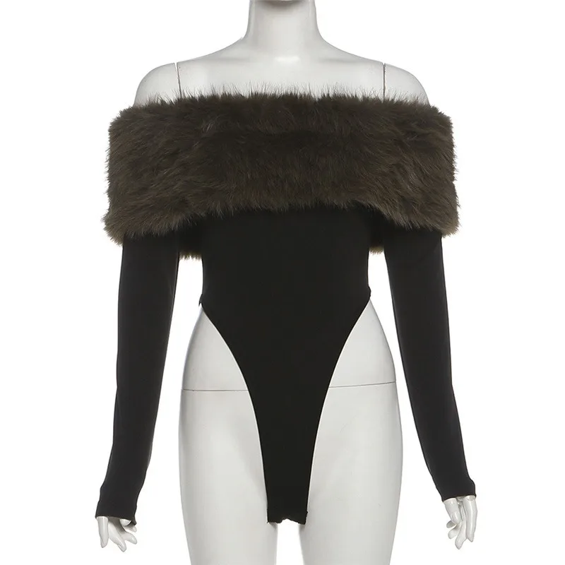 ملابس داخلية أنيقة ضيقة لخريف وشتاء 2025 بدون أكتاف من الفرو ملابس نسائية برقبة مائلة وأكمام طويلة بدون ظهر ضيقة للشارع