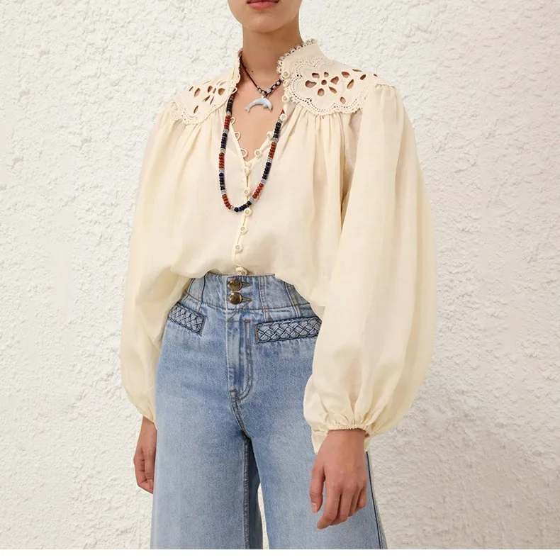 

Liu fei 2025 Summer New Embroidery Details Women's irt Top Loose Fit Lantern Sve Long Sve Button Closure Pure Color