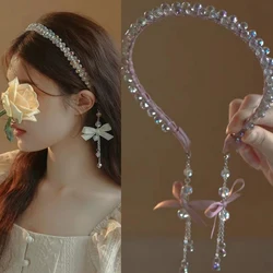 Kiss Jewelry Transparent Rhinestone Luxury Headbands Headwear for Women Korean Fashion Kpop Bow Tassel Hair Hoop Accessories