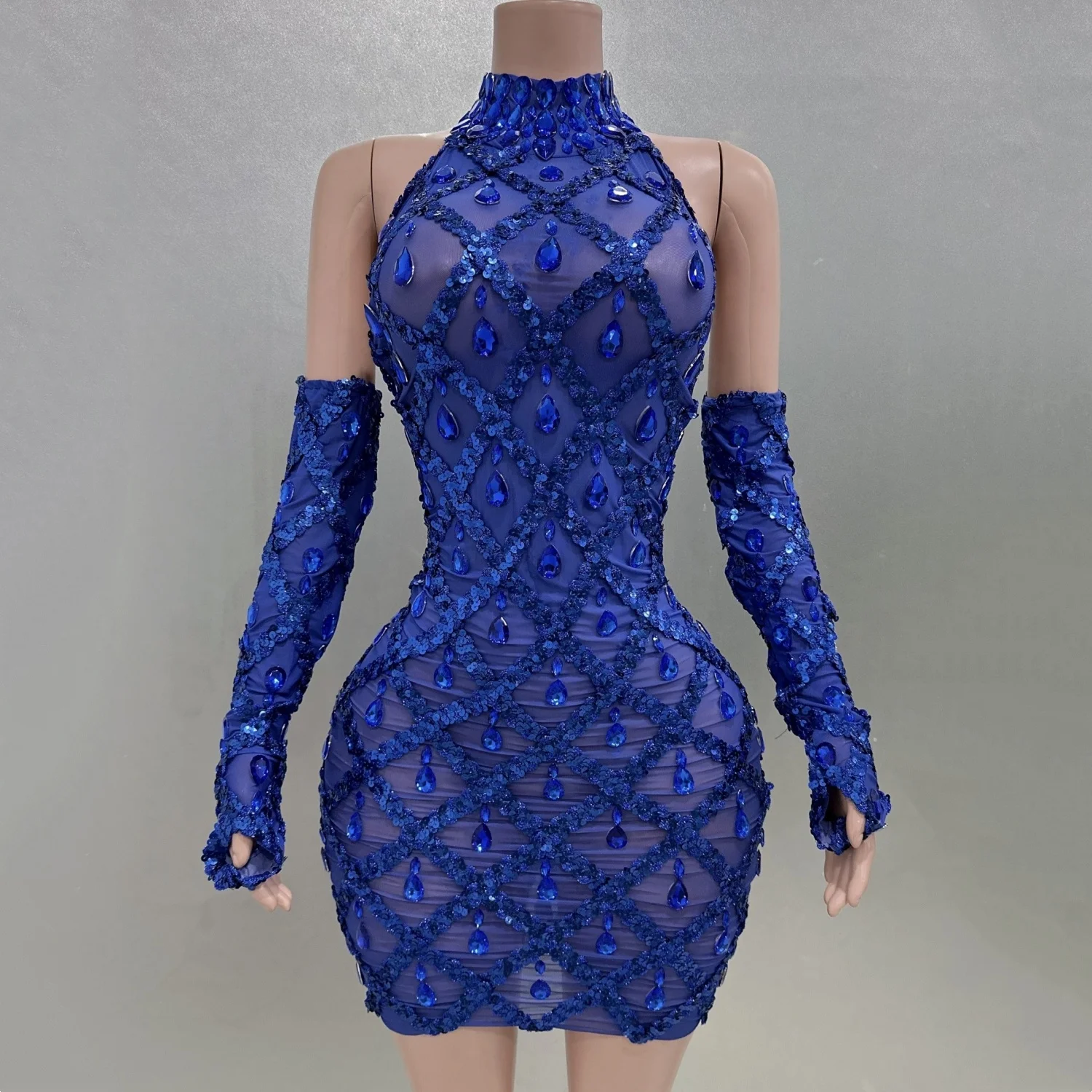 

Sparkly Rhinestones Gloves Blue Sexy See-Through Sheath MIni Dress Evening Party Performance Costume Nightclub Singer Stage Wear