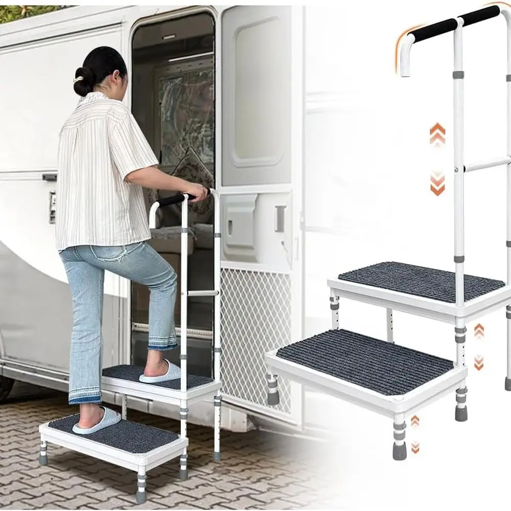 Stepping Stool for Adults, Two Step Stool with Handle, Mobile Home Stairs, SUV Car RV Steps with Handrail, Medical Step Ladder f